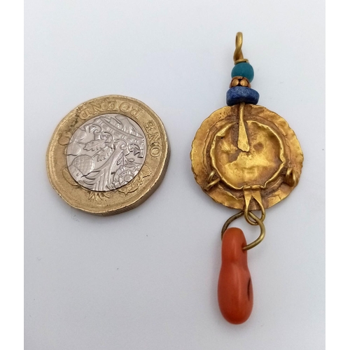 359 - An Ancient High Karat (tested) Gold Turquoise and Red Coral Bead Pendant. Origin unknown. 3.1g total... 