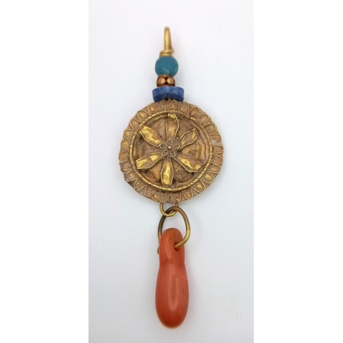 359 - An Ancient High Karat (tested) Gold Turquoise and Red Coral Bead Pendant. Origin unknown. 3.1g total... 