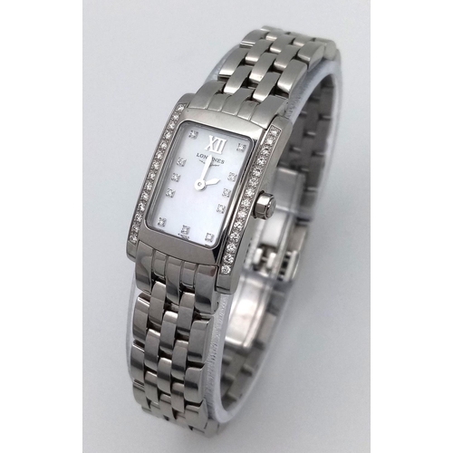 388 - A Longine Diamond Ladies Quartz Watch. Stainless steel bracelet and rectangular case - 16mm width. W... 