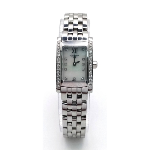 388 - A Longine Diamond Ladies Quartz Watch. Stainless steel bracelet and rectangular case - 16mm width. W... 