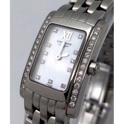 388 - A Longine Diamond Ladies Quartz Watch. Stainless steel bracelet and rectangular case - 16mm width. W... 