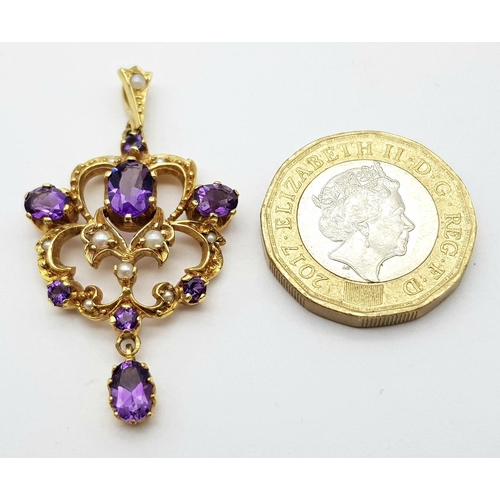 45 - An Antique Edwardian 9K Gold, Amethyst and Seed Pearl Pendant. 4.5cm. 4.6g total weight.