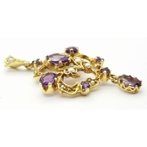 45 - An Antique Edwardian 9K Gold, Amethyst and Seed Pearl Pendant. 4.5cm. 4.6g total weight.