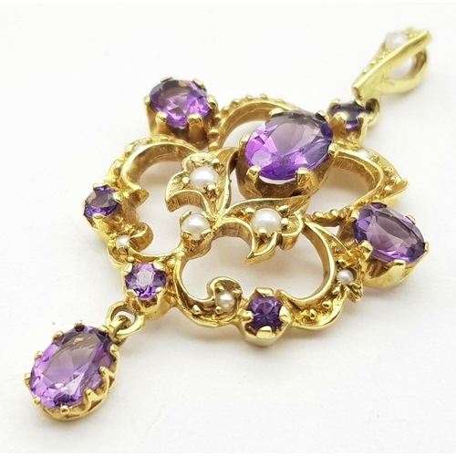 45 - An Antique Edwardian 9K Gold, Amethyst and Seed Pearl Pendant. 4.5cm. 4.6g total weight.