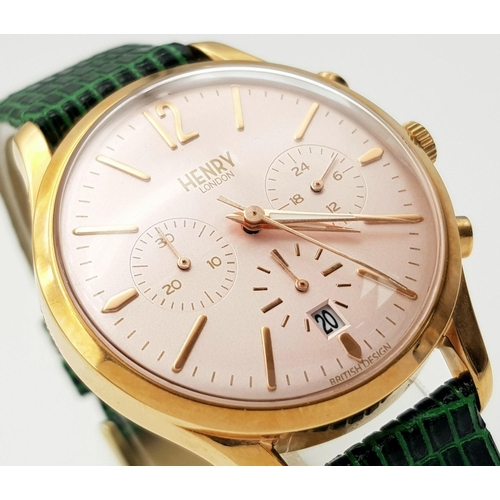 592 - A Men’s Henry of London Rose Gold Tone Quartz Chronograph Date Watch. 39mm Case. New Battery Fitted ... 