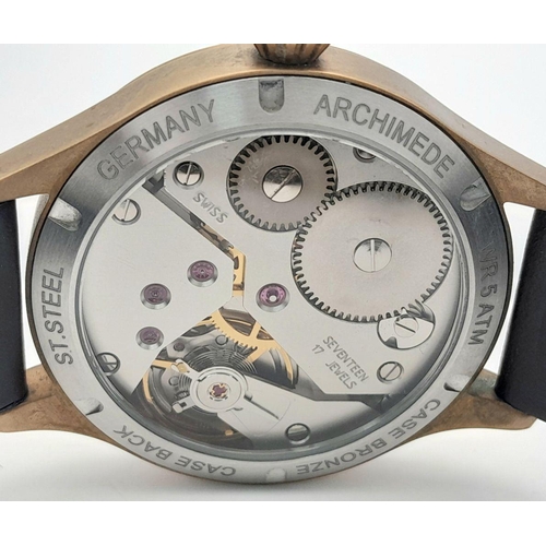 347 - A German Archimede Automatic Professional Pilots Watch Model, Bronze, 42mm Case. Skeleton Back. With... 