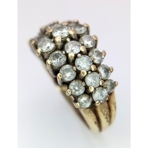 407 - A 9K Yellow Gold Three Row Diamond Ring. 27 diamonds - 2ctw. Size N. 4.9g total weight. ref; 17604