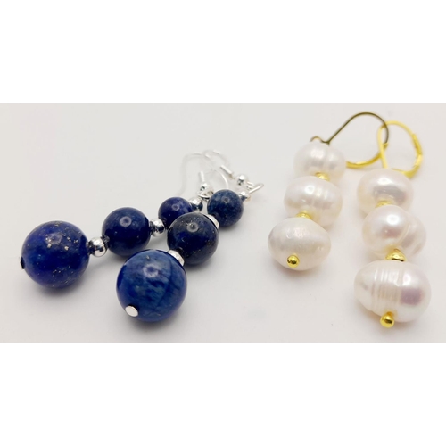 458 - Two Pairs of Graduated Drop Earrings - Lapis Lazuli and Cultured Pearl. Gilded clasps. 3.5cm drop