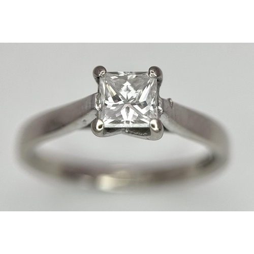 64 - An 18K White Gold Princess Cut Solitaire Ring. 0.46ct. Comes with an IGI certificate. 3g total weigh... 