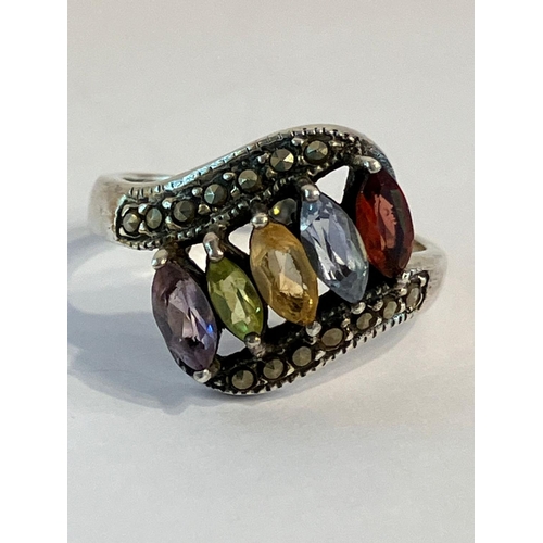 154 - Vintage SILVER RING set with REAL GEMSTONES. Consisting a Marcasite SILVER RING having CROSSOVER MOU... 