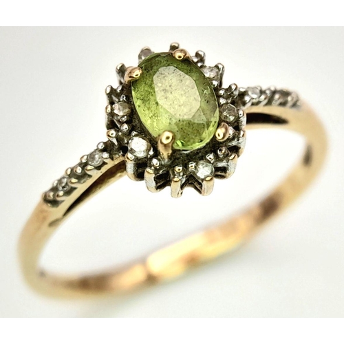 168 - Attractive 9 Carat GOLD PERIDOT and DIAMOND RING, having an Oval Cut Peridot with DIAMOND surround a... 