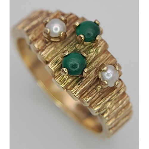 105 - Vintage JADE and SEED PEARL 9 carat GOLD RING. Having textured Gold band with bark design. Please se... 