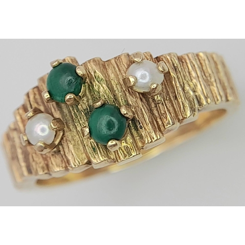 105 - Vintage JADE and SEED PEARL 9 carat GOLD RING. Having textured Gold band with bark design. Please se... 