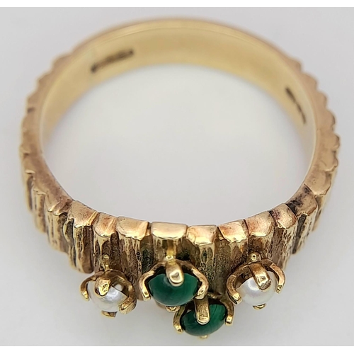 105 - Vintage JADE and SEED PEARL 9 carat GOLD RING. Having textured Gold band with bark design. Please se... 