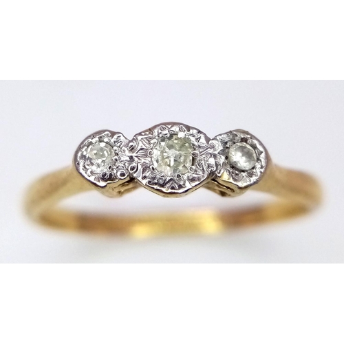 142 - A 18K YELLOW GOLD & PLATINUM VINTAGE TRILOGY DIAMOND RING 2.1G SIZE P.

SC 2048