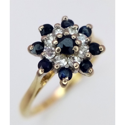 144 - A 18K YELLOW GOLD DIAMOND & SAPPHIRE CLUSTER RING 3.3G SIZE O.

ref: SC 2043