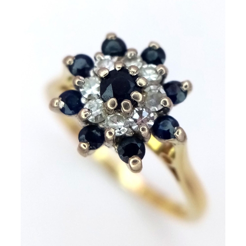 144 - A 18K YELLOW GOLD DIAMOND & SAPPHIRE CLUSTER RING 3.3G SIZE O.

ref: SC 2043