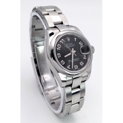 15 - A Rolex Datejust Automatic Ladies Watch. Stainless steel bracelet and case - 27mm. Black swirl dial ... 