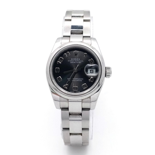 15 - A Rolex Datejust Automatic Ladies Watch. Stainless steel bracelet and case - 27mm. Black swirl dial ... 