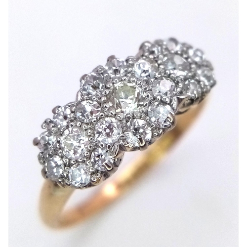 151 - A 18K YELLOW GOLD DIAMOND TRIPLE CLUSTER RING 0.60CT , 2.9G ,  SIZE O 1/2. 

ref: 8518