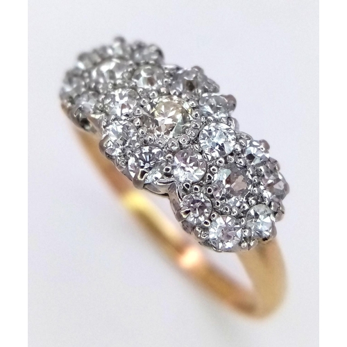 151 - A 18K YELLOW GOLD DIAMOND TRIPLE CLUSTER RING 0.60CT , 2.9G ,  SIZE O 1/2. 

ref: 8518