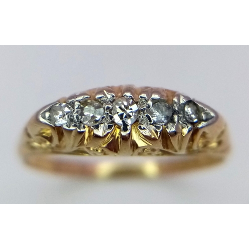 172 - A 18K YELLOW GOLD ANTIQUE DIAMOND 5 STONE RING , 2.5G SIZE P , HALLMARKED BIRMINGHAM 1924 - EXACTLY ... 