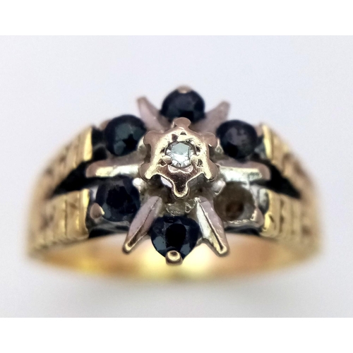 255 - A 9K GOLD DIAMOND AND SAPPHIRE RING (ONE SAPPHIRE MISSING)    3.7gms   size K