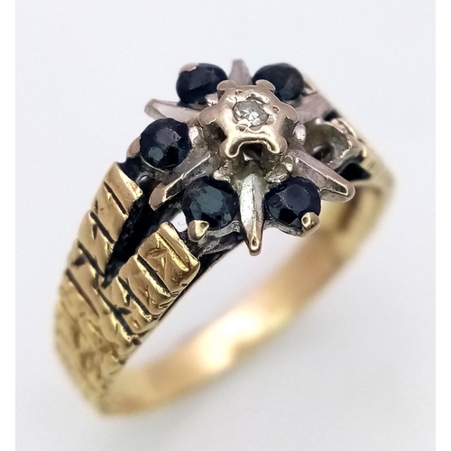 255 - A 9K GOLD DIAMOND AND SAPPHIRE RING (ONE SAPPHIRE MISSING)    3.7gms   size K