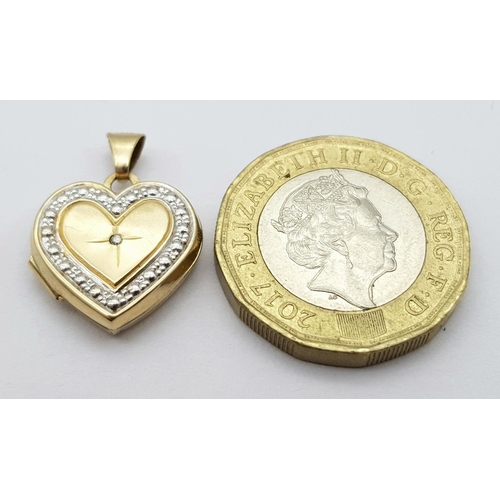 280 - Vintage 9 carat YELLOW and WHITE GOLD LOCKET with centre DIAMOND DETAIL.1 gram. 2.1 cm drop.