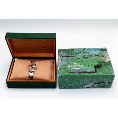 29 - A Rolex Diamond Ladies Watch with Custom Metallic Salmon Dial! Oyster steel bracelet and case - 24mm... 