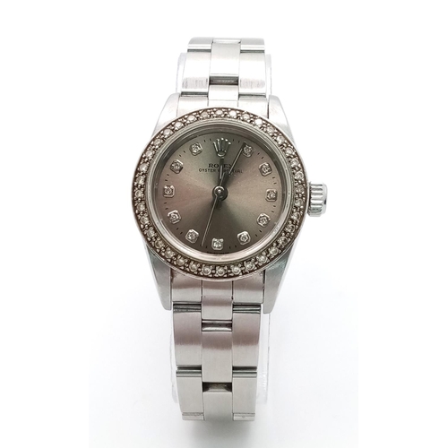 29 - A Rolex Diamond Ladies Watch with Custom Metallic Salmon Dial! Oyster steel bracelet and case - 24mm... 