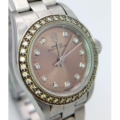 29 - A Rolex Diamond Ladies Watch with Custom Metallic Salmon Dial! Oyster steel bracelet and case - 24mm... 