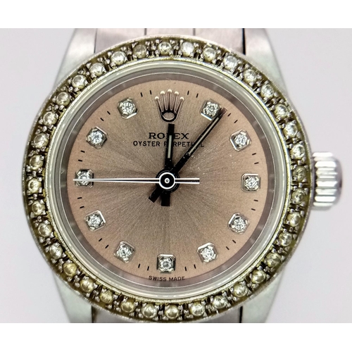 29 - A Rolex Diamond Ladies Watch with Custom Metallic Salmon Dial! Oyster steel bracelet and case - 24mm... 