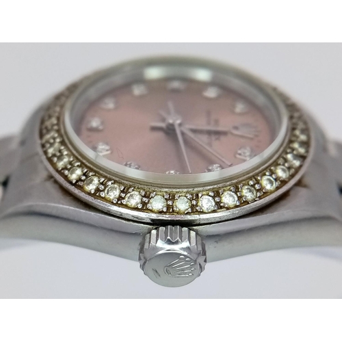 29 - A Rolex Diamond Ladies Watch with Custom Metallic Salmon Dial! Oyster steel bracelet and case - 24mm... 