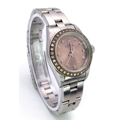 29 - A Rolex Diamond Ladies Watch with Custom Metallic Salmon Dial! Oyster steel bracelet and case - 24mm... 