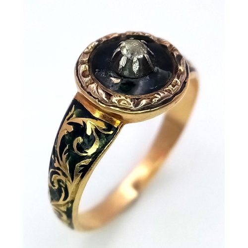 325 - A 15K YELLOW GOLD DIAMOND SET VINTAGE ENAMELLED RING 2.1G SIZE K.

ref: SC 2084