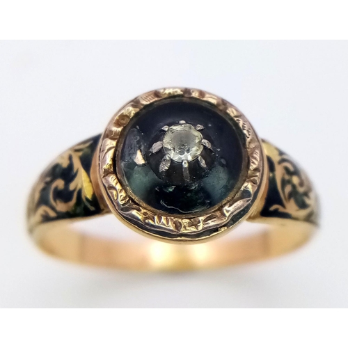 325 - A 15K YELLOW GOLD DIAMOND SET VINTAGE ENAMELLED RING 2.1G SIZE K.

ref: SC 2084