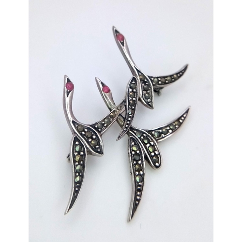 371 - Lovely Antique SILVER MARCASITE FLYING GEESE BROOCH. Having three geese in flight, each with Ruby ey... 