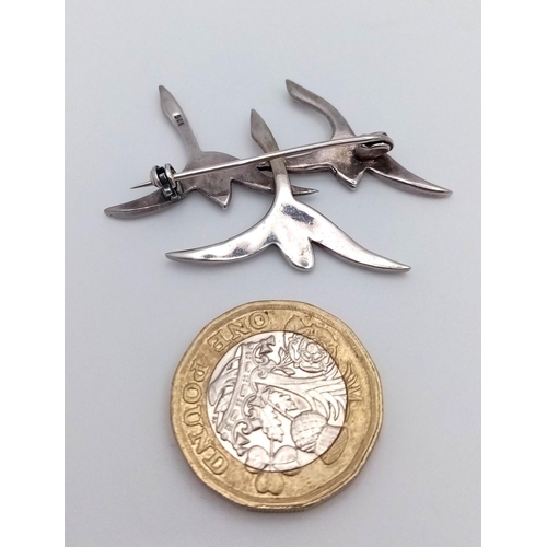 371 - Lovely Antique SILVER MARCASITE FLYING GEESE BROOCH. Having three geese in flight, each with Ruby ey... 