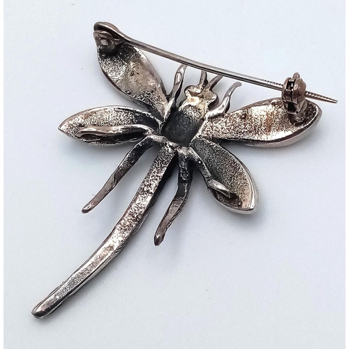 378 - Vintage SILVER MARCASITE FIREFLY BROOCH. Beautifully Set with MOONSTONE and BLACK ONYX.  4 cm x 3.5 ... 