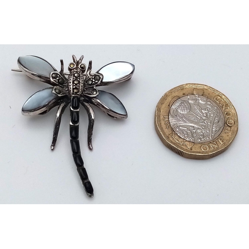 378 - Vintage SILVER MARCASITE FIREFLY BROOCH. Beautifully Set with MOONSTONE and BLACK ONYX.  4 cm x 3.5 ... 