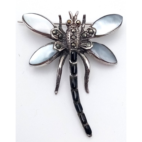 378 - Vintage SILVER MARCASITE FIREFLY BROOCH. Beautifully Set with MOONSTONE and BLACK ONYX.  4 cm x 3.5 ... 