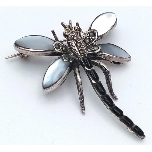 378 - Vintage SILVER MARCASITE FIREFLY BROOCH. Beautifully Set with MOONSTONE and BLACK ONYX.  4 cm x 3.5 ... 