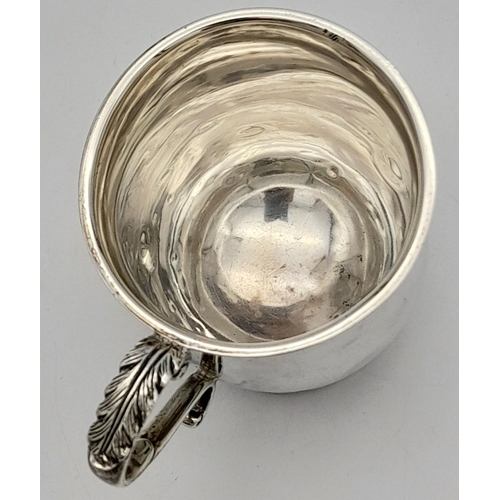 435 - A CHILDS SOLID SILVER TANKARD WITH DENTS FROM USE AND WITH THE NAME 