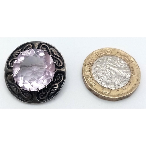 490 - Vintage  SCOTTISH SILVER IONA BROOCH.Set with an enormous Rose de France round cut AMETHYST to centr... 