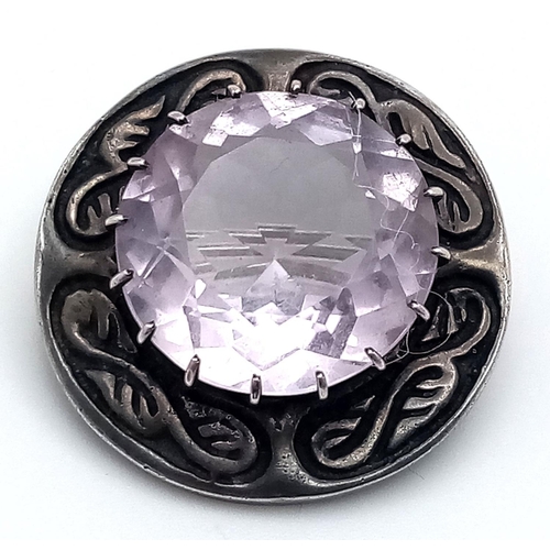 490 - Vintage  SCOTTISH SILVER IONA BROOCH.Set with an enormous Rose de France round cut AMETHYST to centr... 