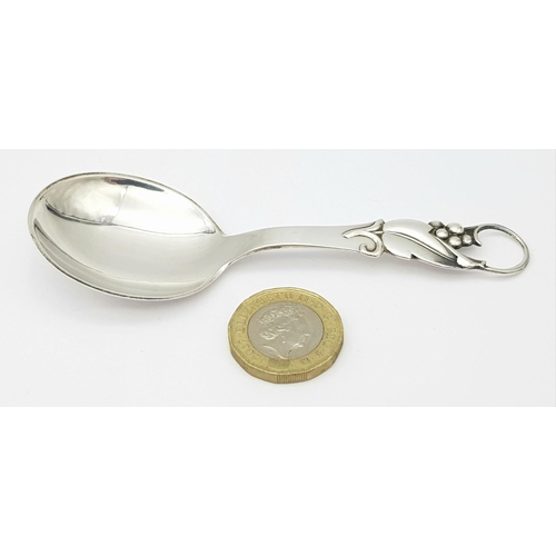 539 - Vintage DANISH  SILVER CADDY SPOON. Hallmark for Carl Cohr Denmark, 1954. Deco style with leaf and b... 