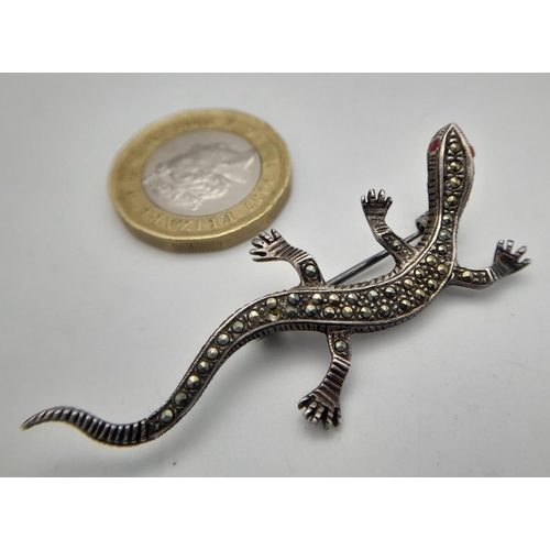 553 - Vintage SILVER MARCASITE SALAMANDER BROOCH.Finished in 925 Silver and set with Ruby eyes. 5.5 cm.