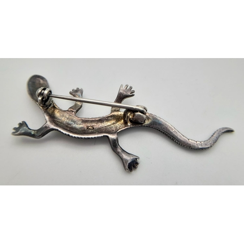 553 - Vintage SILVER MARCASITE SALAMANDER BROOCH.Finished in 925 Silver and set with Ruby eyes. 5.5 cm.