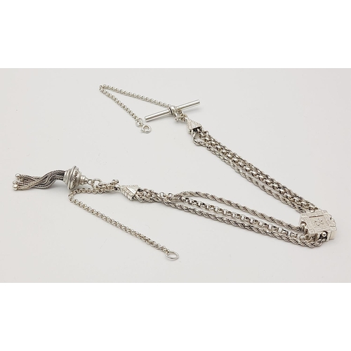 98 - Vintage SILVER WATCH CHAIN NECKLACE.Complete with ‘T’ bar and  a Tassel Fob. SILVER BELCHER and  ROP... 